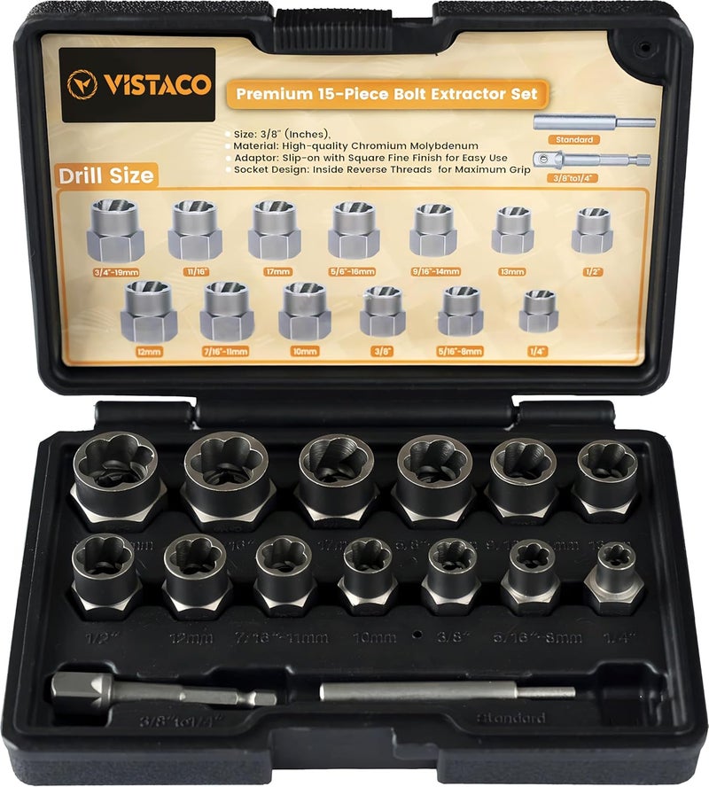 VISTACO Bolt Extractor Kit – 13+2 Pieces Easy Out Bolt Extractor Set Heavy Duty with 3/8 Inch Adapter, Lug Nut Remover for Rusted, Rounded, Damaged, Frozen, Corroded, Seized Nuts, Bolts & Screw - Image 1